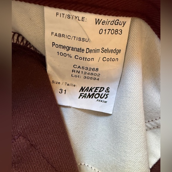 Naked & Famous Pomegranate Selvedge 14oz Weird Guy NWOT - Picture 5 of 8